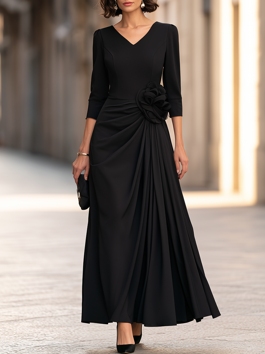 Black V-Neck Floral-Appliqué Draped Maxi Dress