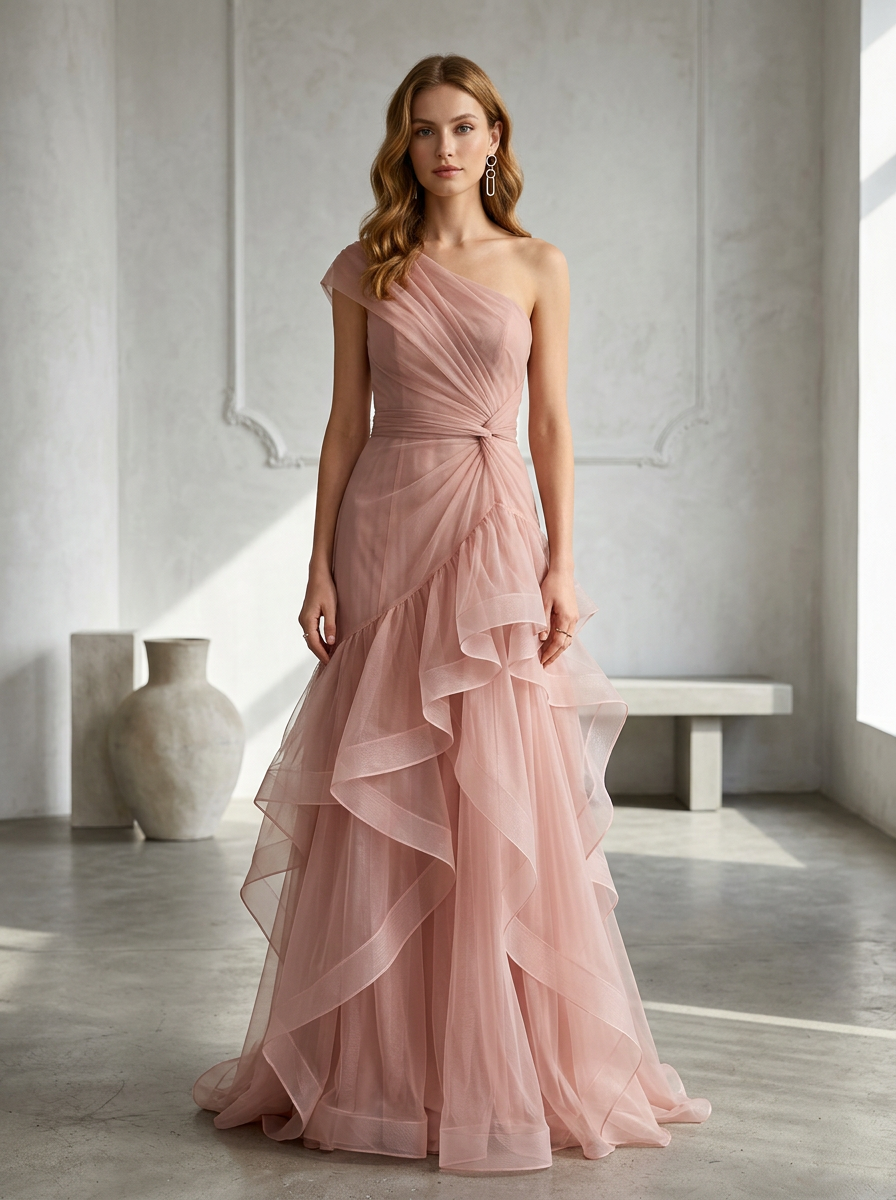 Dusty Pink Tulle One-Shoulder Floor-Length Gown Dress