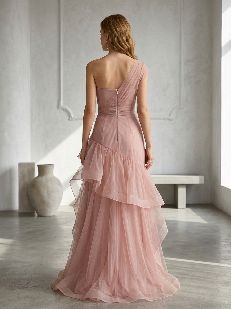 Dusty Pink Tulle One-Shoulder Floor-Length Gown Dress