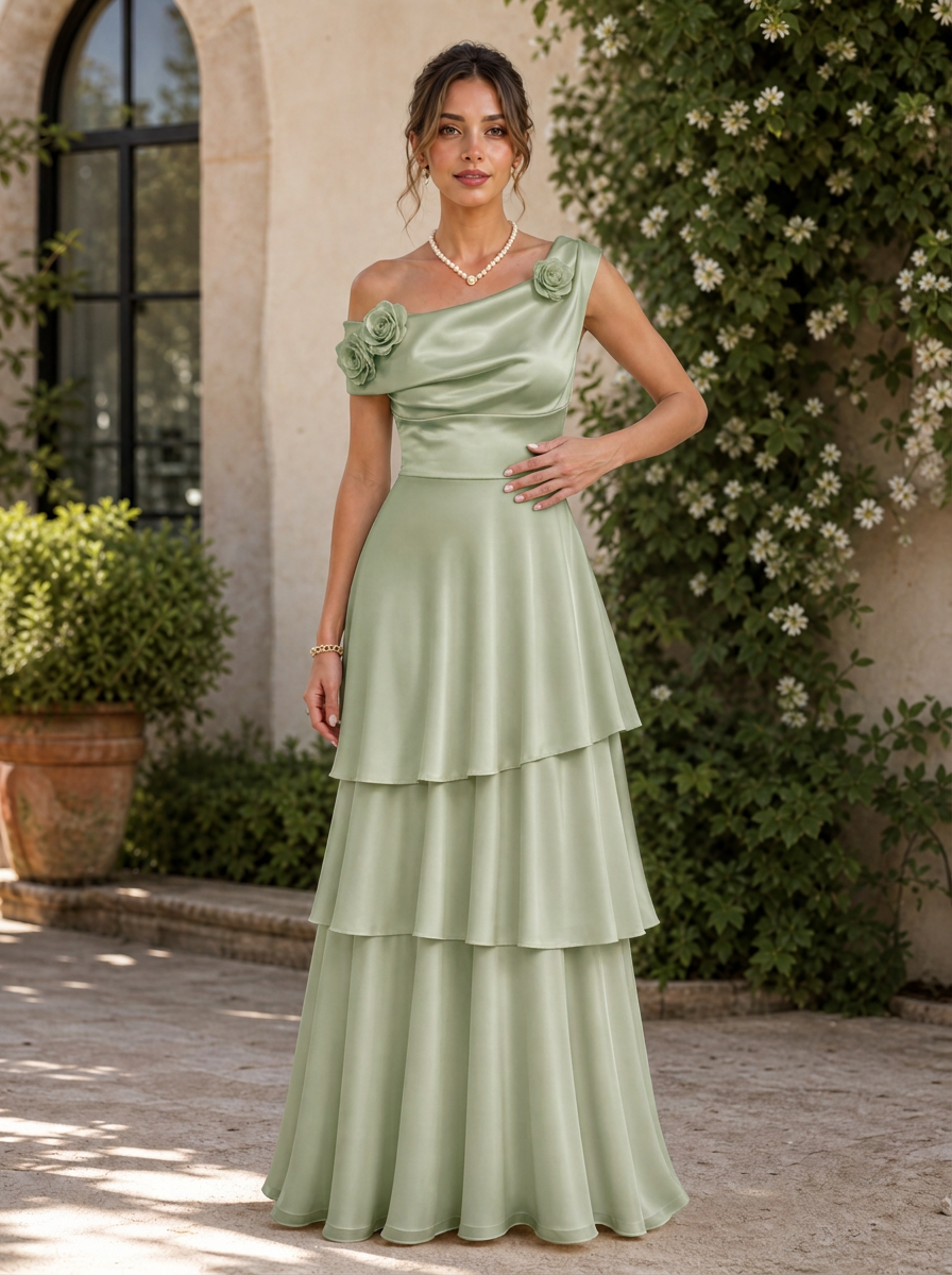 Sage Green One-Shoulder Rose Embellished Tiered Ruffle A-Line Floor-Length Gown Dress