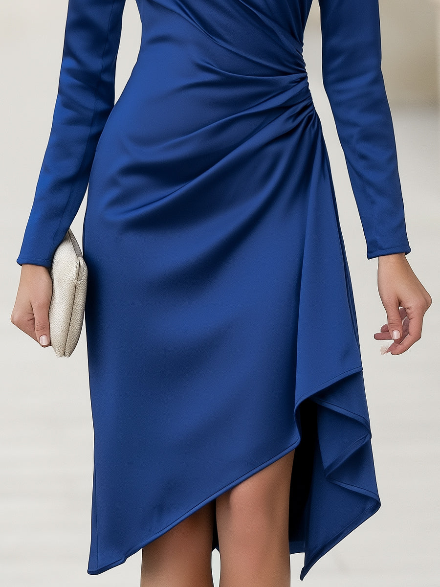 Drak Blue Gathered Waist Satin Asymmetric Draped Midi Dress