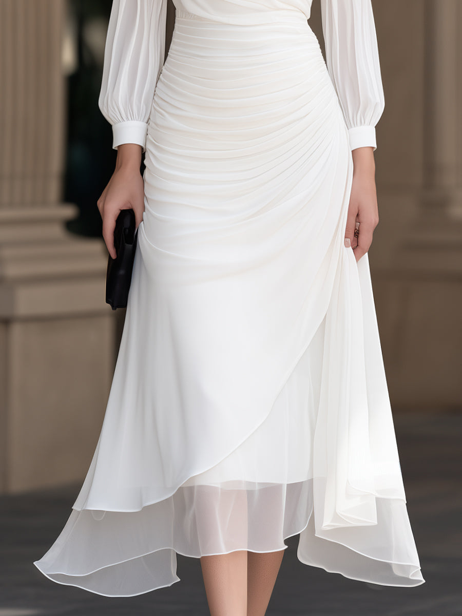 White Gathered Waist Layered Draped Chiffon Midi Dress