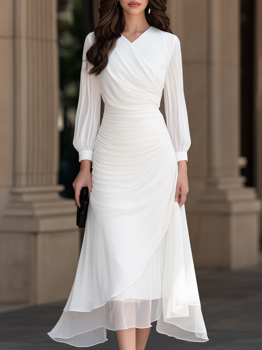 White Gathered Waist Layered Draped Chiffon Midi Dress