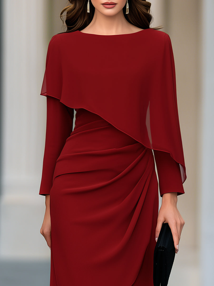 Red Cape-Style Chiffon Overlay Draped Midi Dress