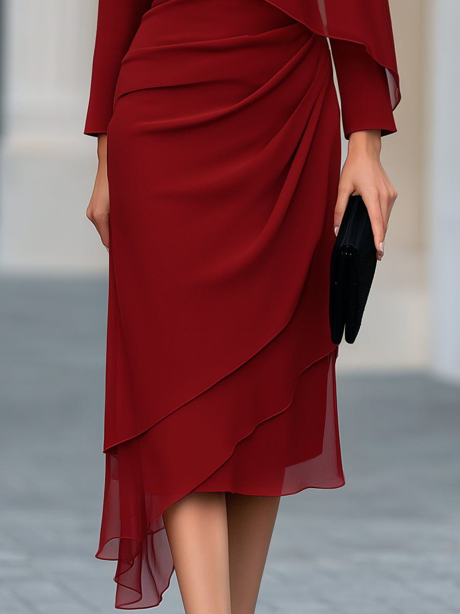Red Cape-Style Chiffon Overlay Draped Midi Dress