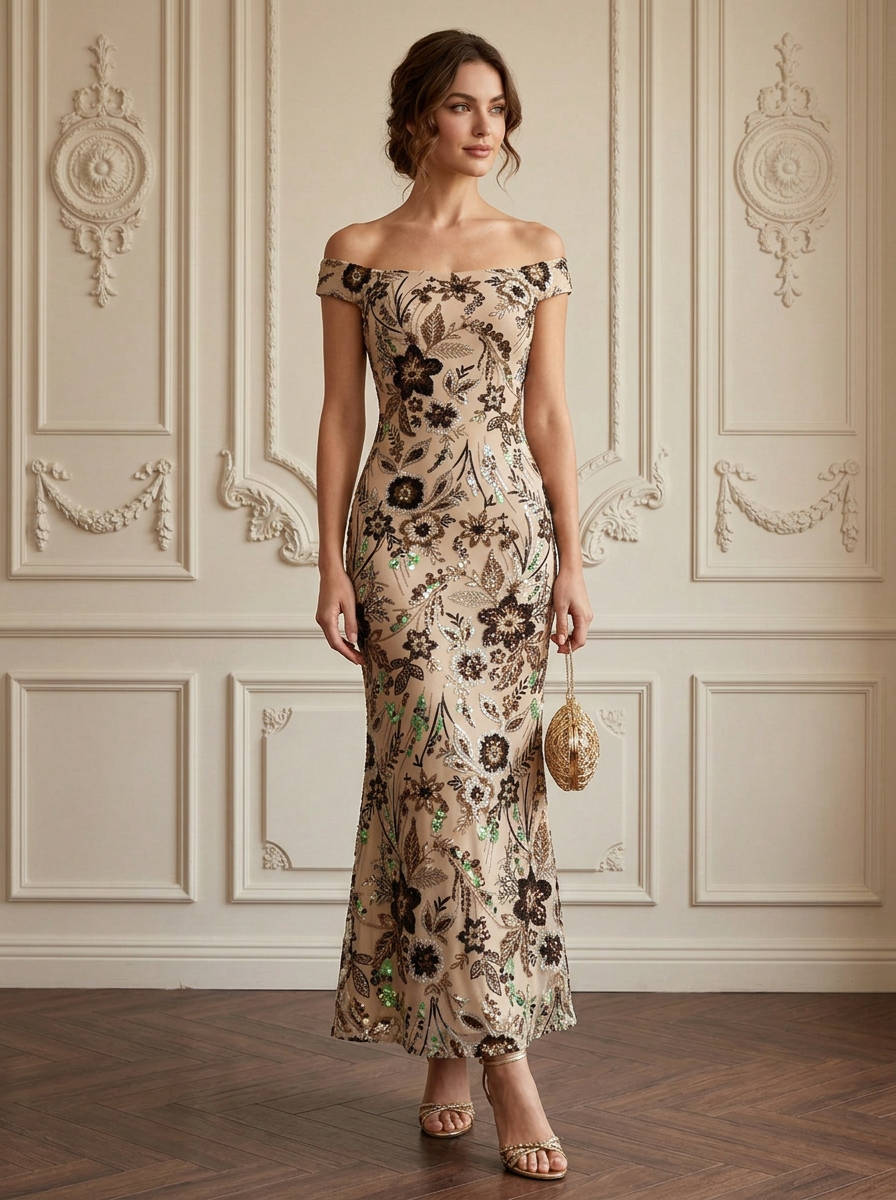 Champagne Off-The-Shoulder Floral Embroidered Sheath Maxi Gown Dress
