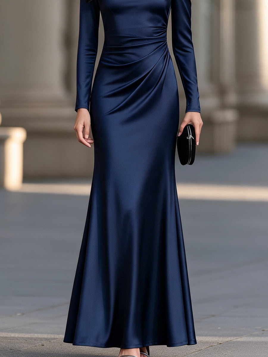Navy Blue Cold-Shoulder Satin Draped Maxi Dress