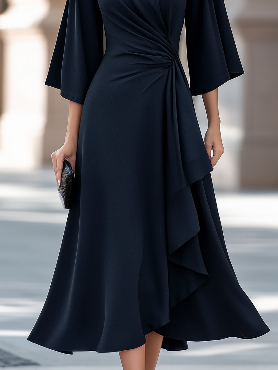 Navy Blue Draped Asymmetric Flowing A-Line Midi Dress