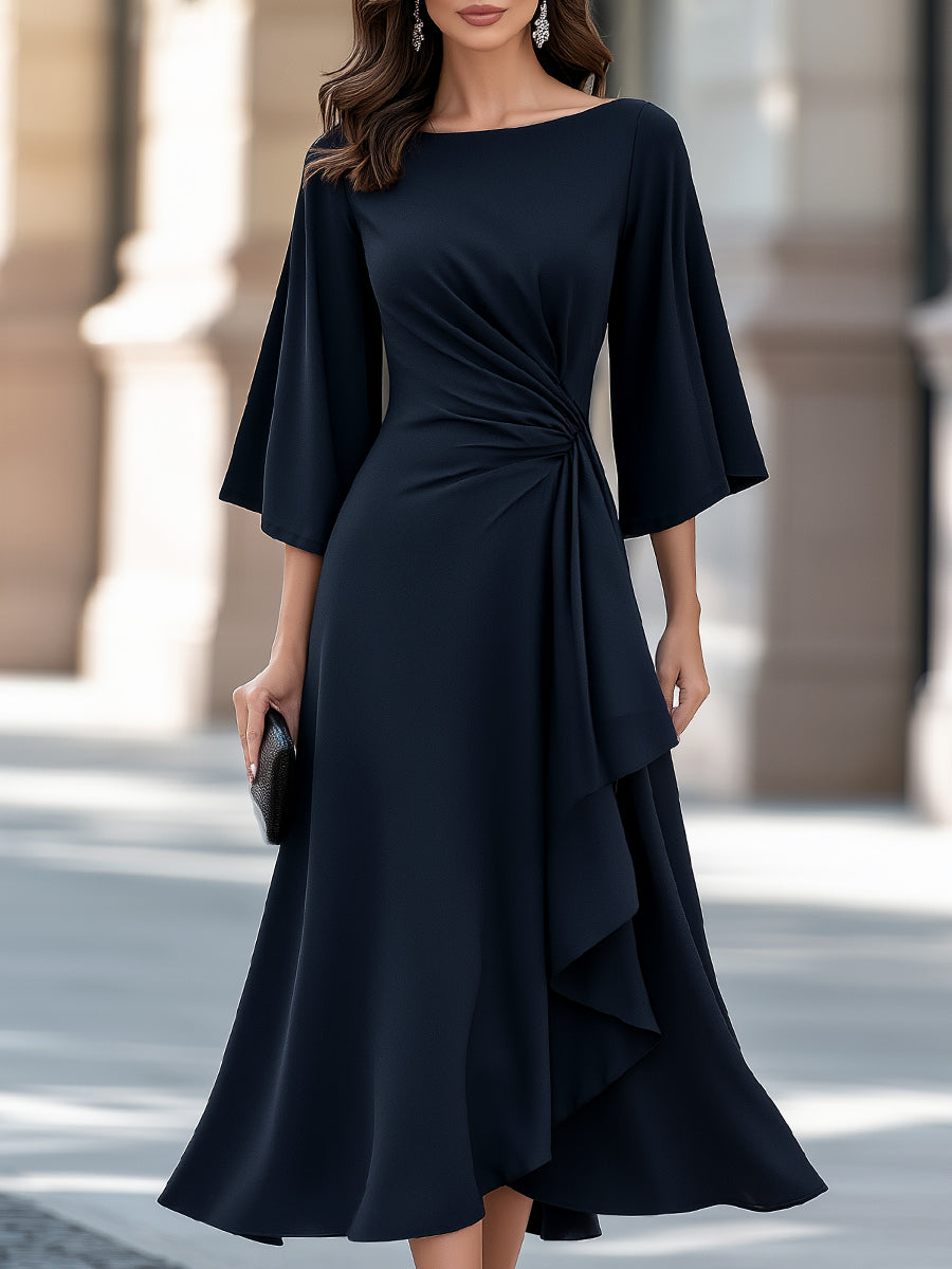 Navy Blue Draped Asymmetric Flowing A-Line Midi Dress