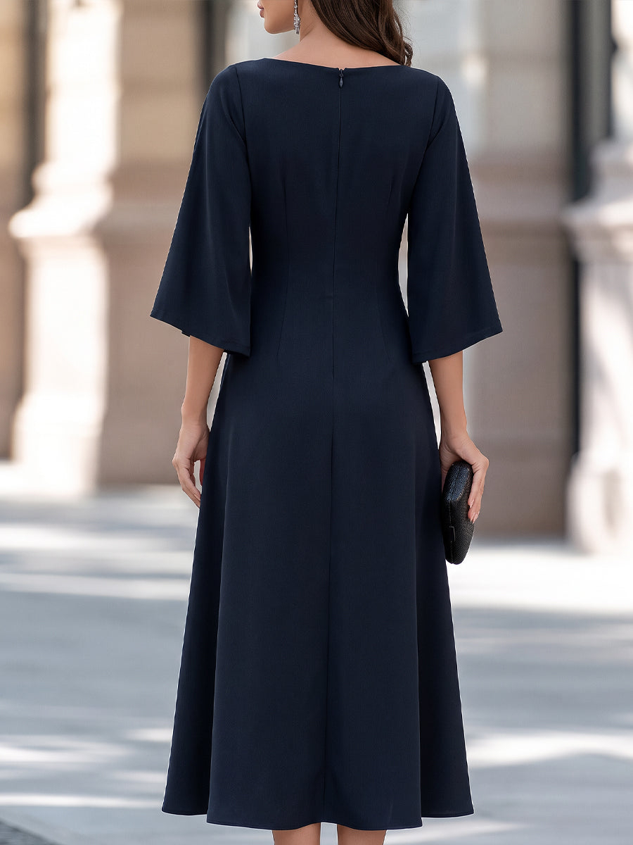 Navy Blue Draped Asymmetric Flowing A-Line Midi Dress