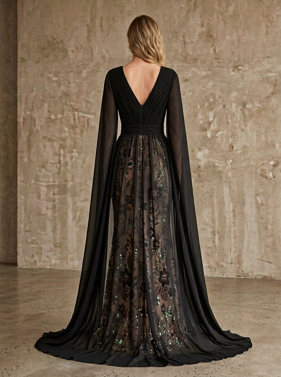 Black and Nude Floral Embroidered V-Neck Cape Sleeve Sheath Floor-Length Gown Dress