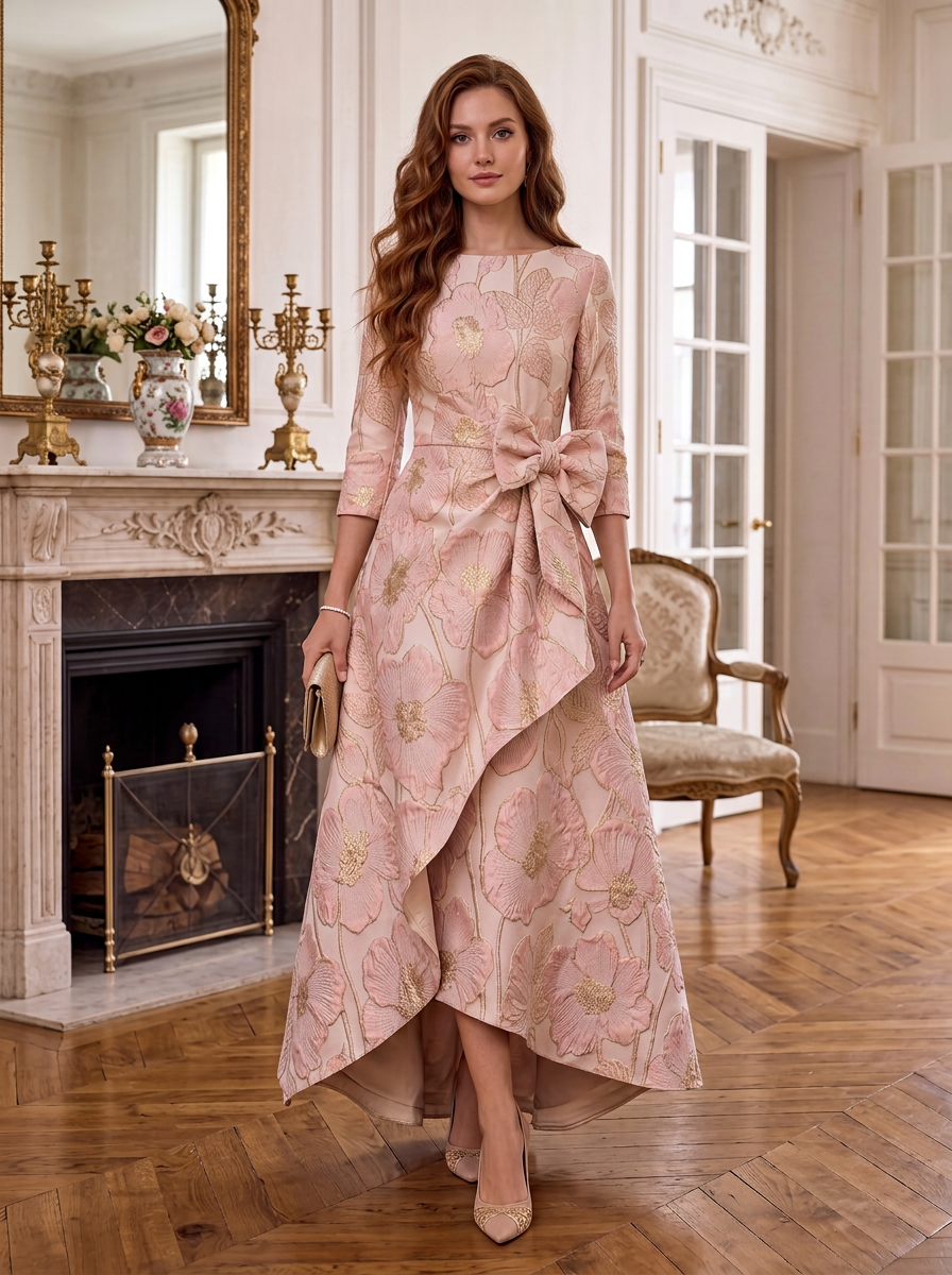 Pink Floral Jacquard Three-Quarter Sleeve Bow Accent High-Low A-Line Floor-Length Gown Dress