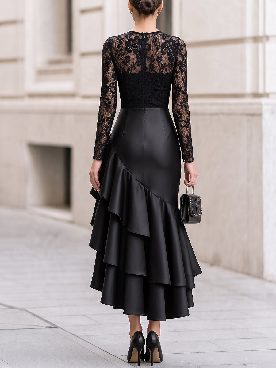 Black Long‑Sleeve Floral Lace Bodice Satin Asymmetrical Ruffle High‑Low Midi Dress