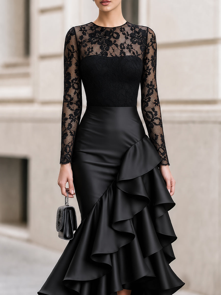 Black Long‑Sleeve Floral Lace Bodice Satin Asymmetrical Ruffle High‑Low Midi Dress