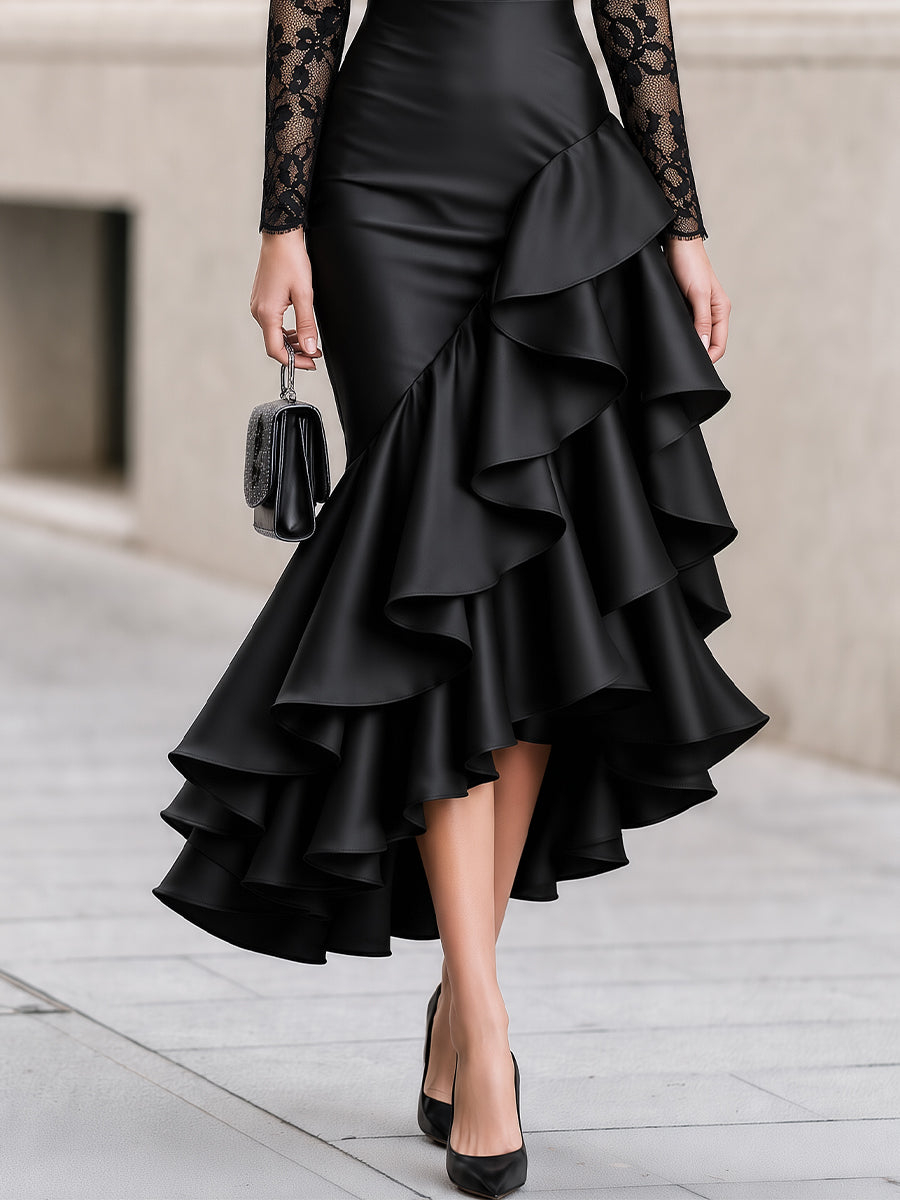 Black Long‑Sleeve Floral Lace Bodice Satin Asymmetrical Ruffle High‑Low Midi Dress