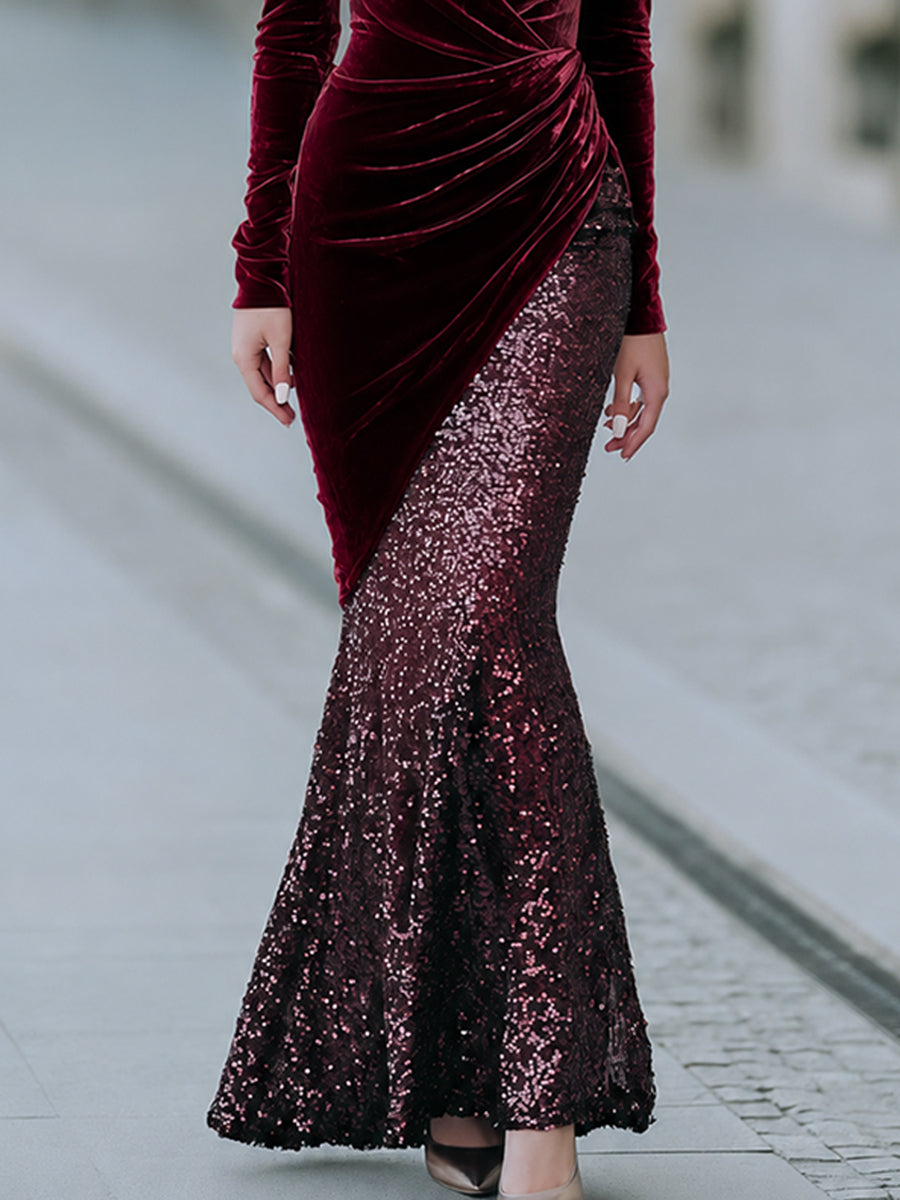 Burgundy Velvet Wrap Sequin Mermaid Evening Gown