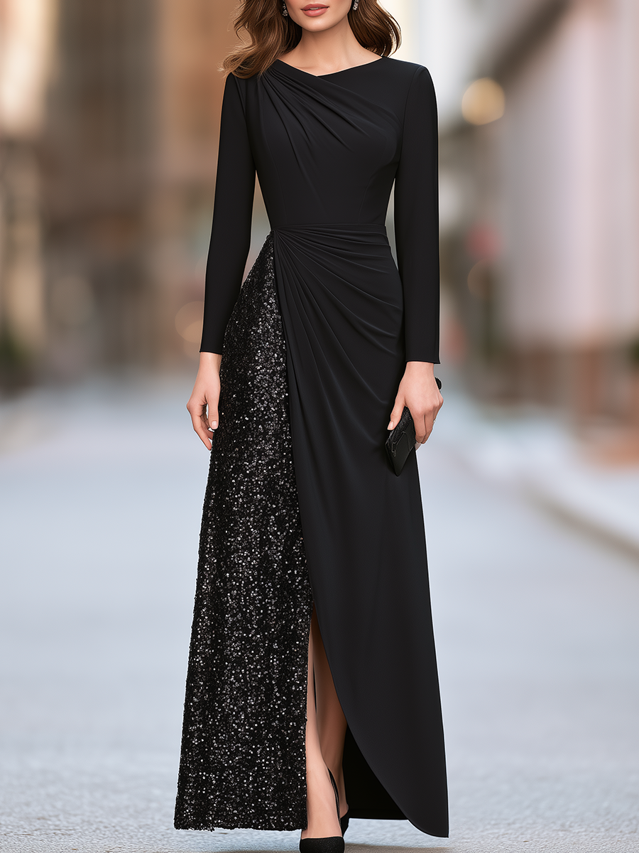 Black Asymmetric Neckline Ruched Sequin Panel Wrap-Front Maxi Dress