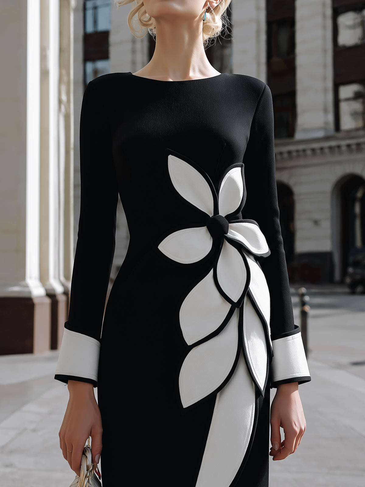 Black Floral Appliqué Pencil Midi Dress
