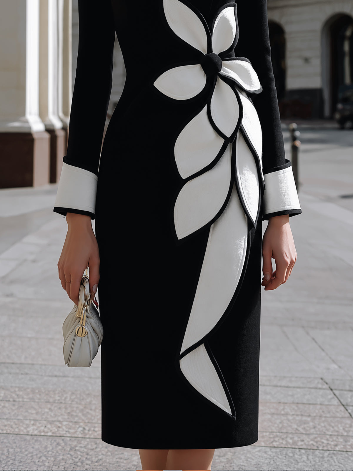 Black Floral Appliqué Pencil Midi Dress