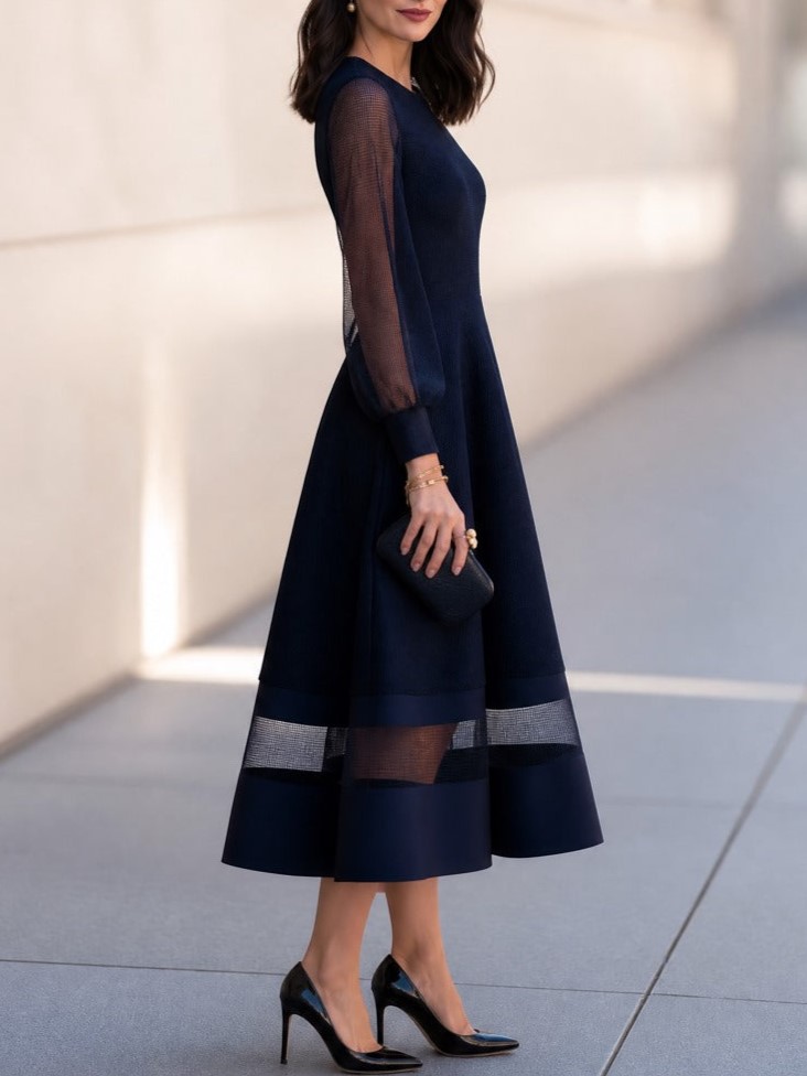 Navy Blue Mesh Sleeve A-Line Midi Dress with Sheer Panel Hem
