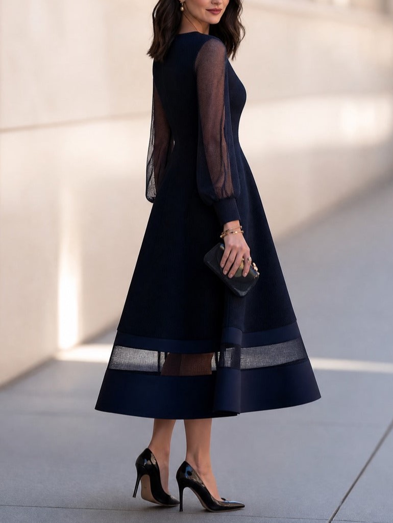 Navy Blue Mesh Sleeve A-Line Midi Dress with Sheer Panel Hem