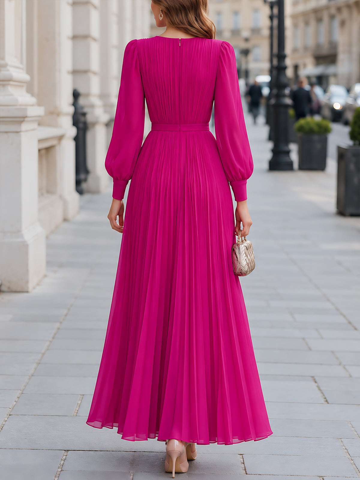 Fuchsia Pleated Long Sleeve A-Line High Slit Maxi Dress