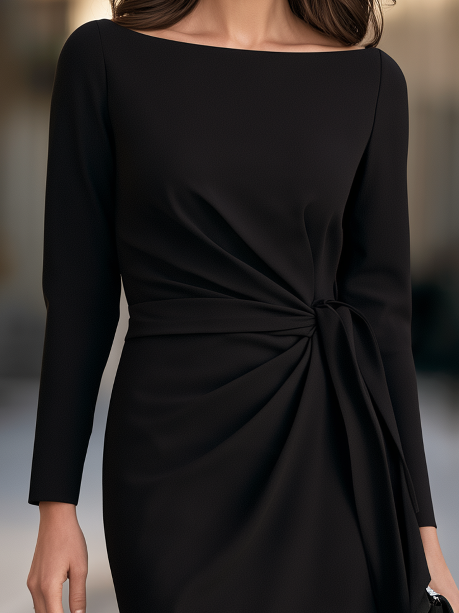 Black Boat-Neck Side-Tie Ruched Sheath Midi Dress