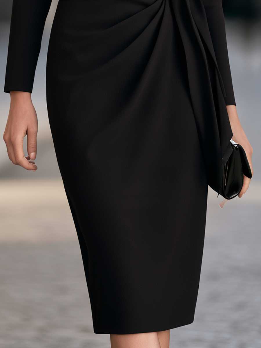 Black Boat-Neck Side-Tie Ruched Sheath Midi Dress