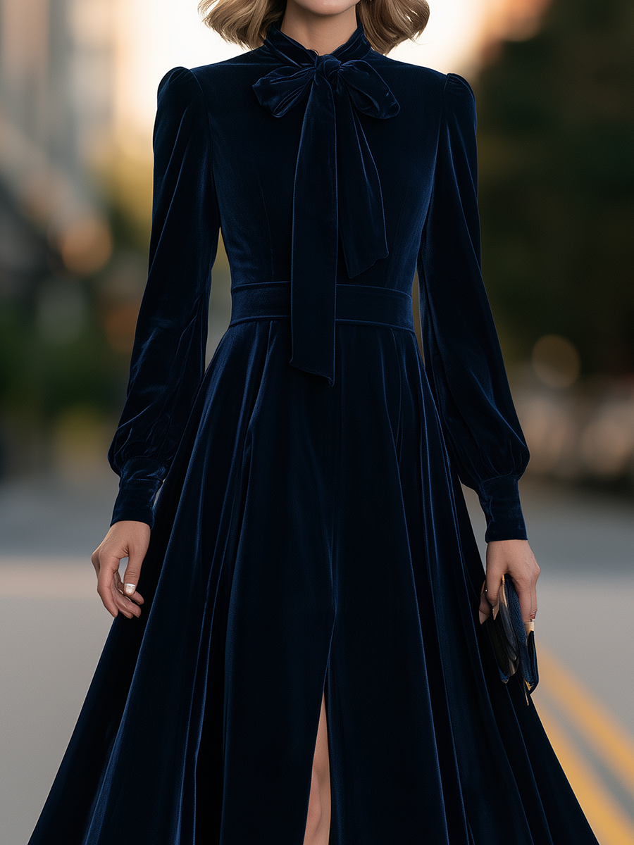 Navy Blue Tie-Neck Bishop Sleeve High-Slit Velvet Maxi Dress