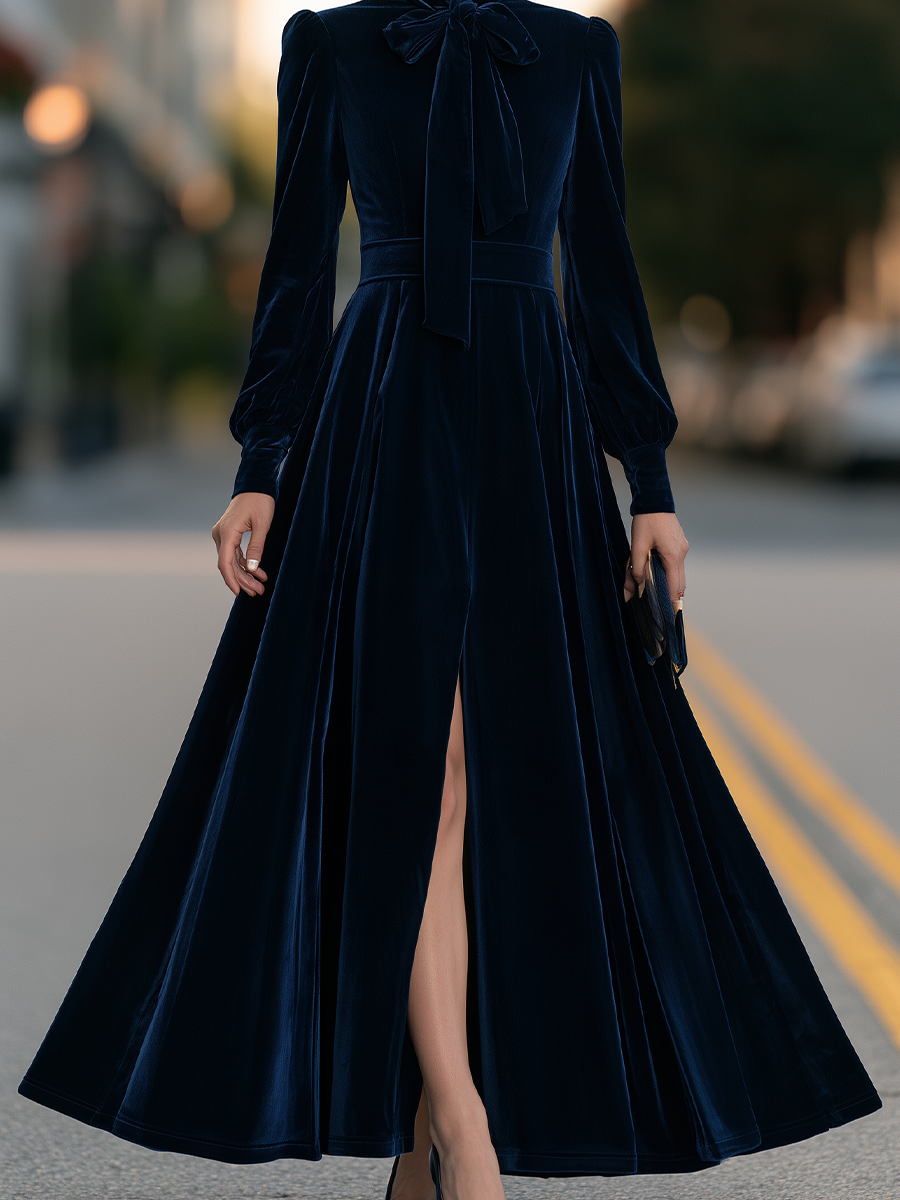 Navy Blue Tie-Neck Bishop Sleeve High-Slit Velvet Maxi Dress