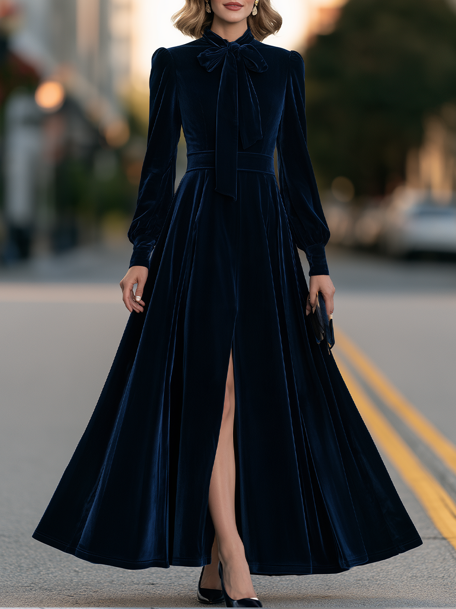 Navy Blue Tie-Neck Bishop Sleeve High-Slit Velvet Maxi Dress