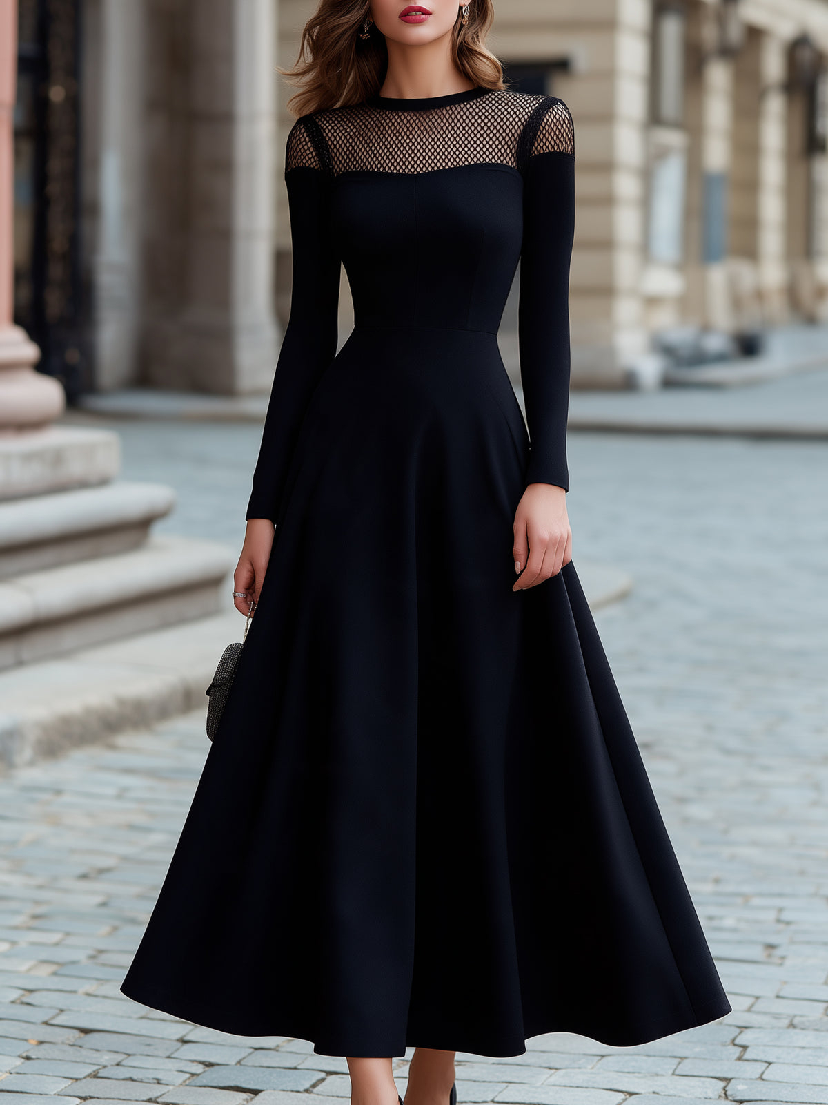 Black Mesh Splice Long Sleeve A-Line Maxi Dress