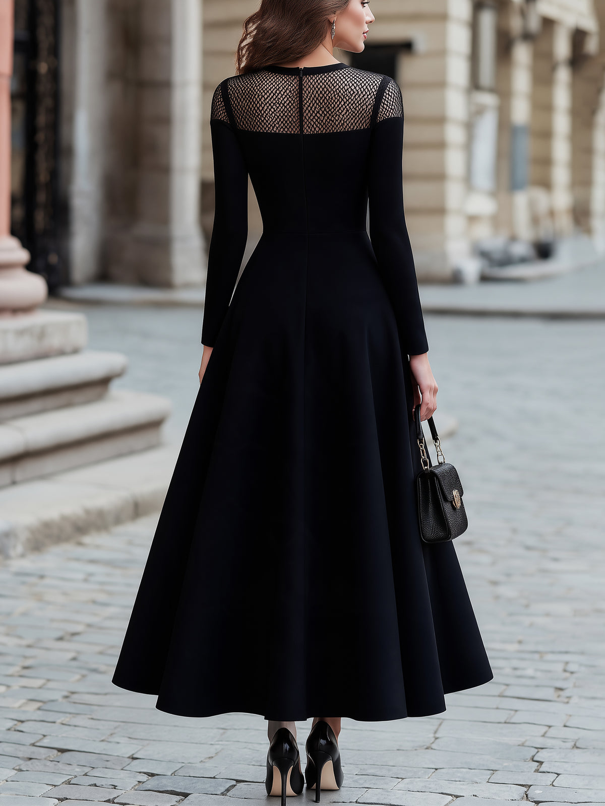 Black Mesh Splice Long Sleeve A-Line Maxi Dress