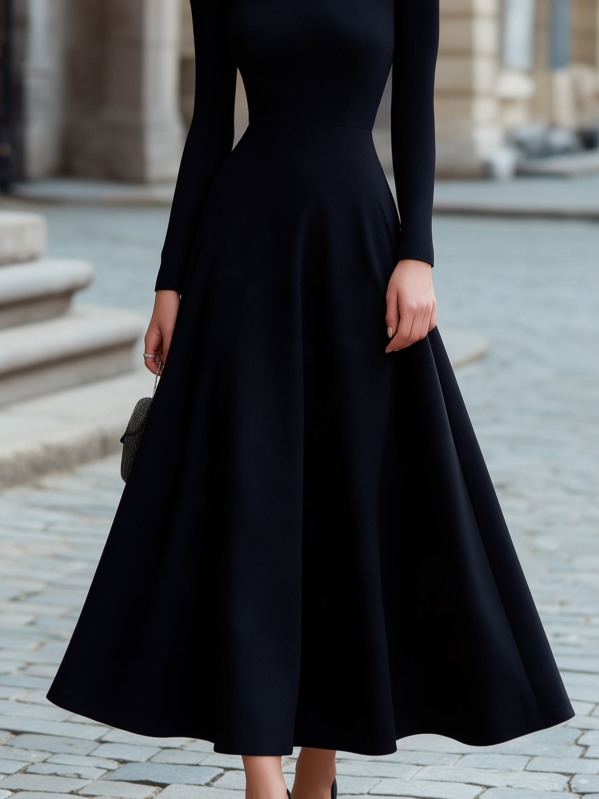 Black Mesh Splice Long Sleeve A-Line Maxi Dress