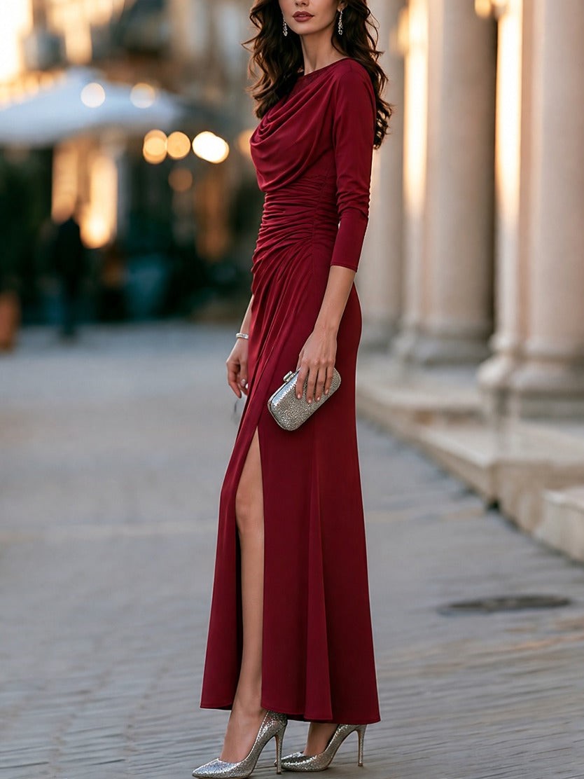 Burgundy Cowl Neck Long Sleeve Ruched Slit Maxi Dress