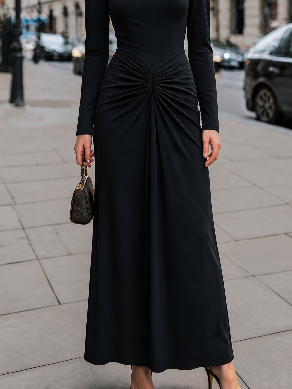 Black Long Sleeve Ruched Waist Fitted Maxi Dress
