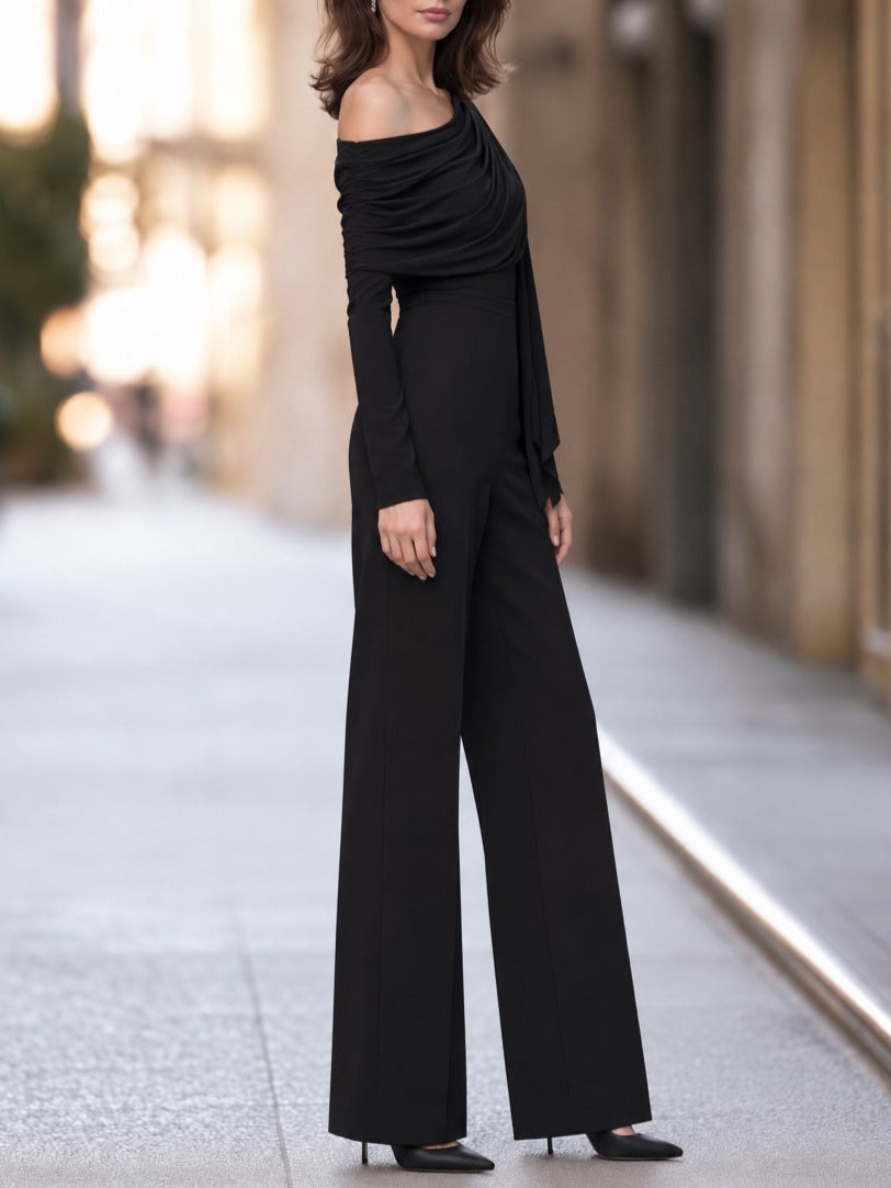 Black Off-the-Shoulder Long Sleeve Asymmetric Drape Wide Leg Jumpsuit