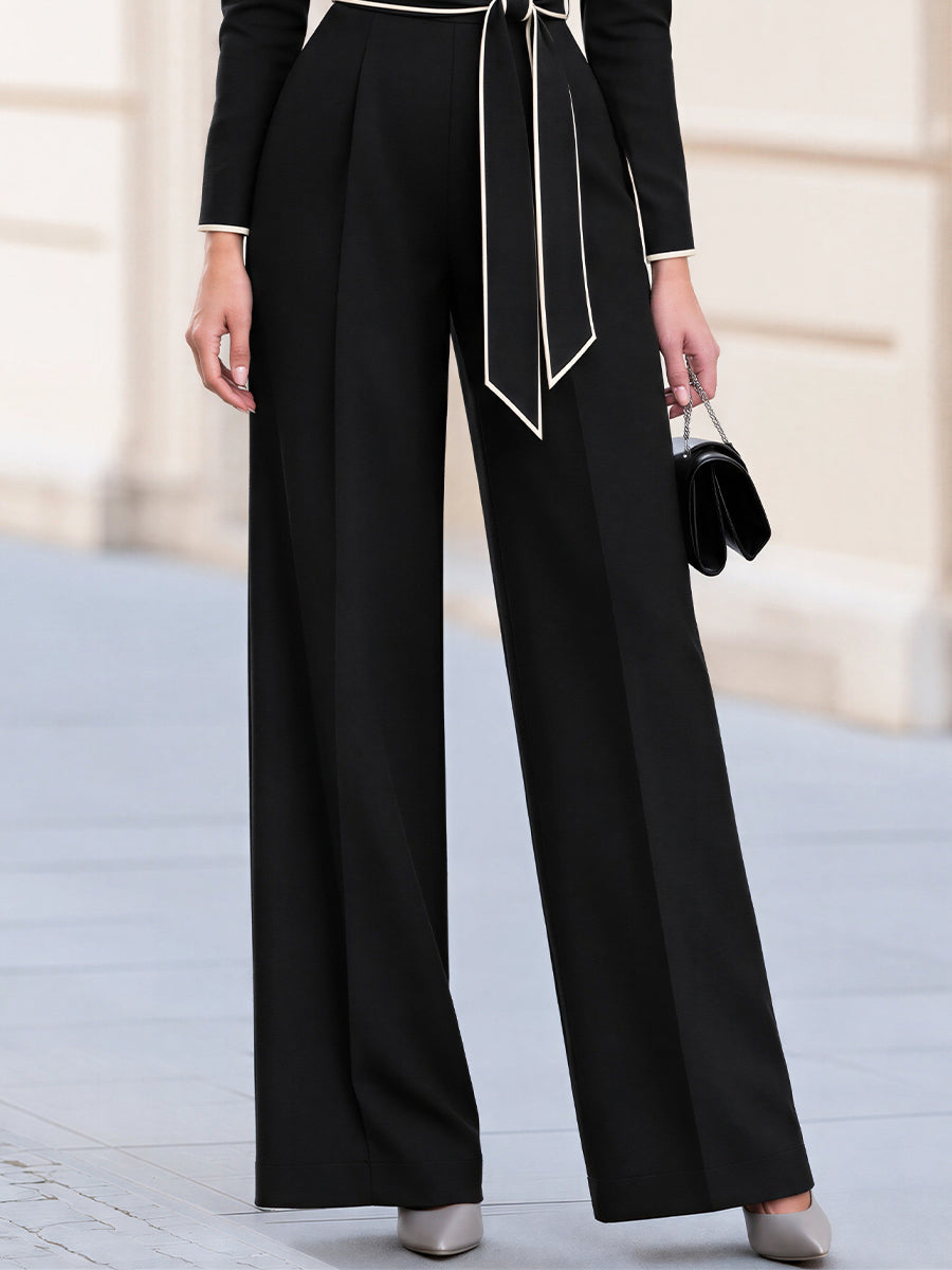 Black Off-the-Shoulder Long Sleeve Contrast Piping Belted Wide Leg Jumpsuit
