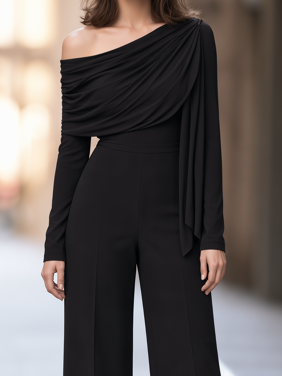 Black Off-the-Shoulder Long Sleeve Asymmetric Drape Wide Leg Jumpsuit