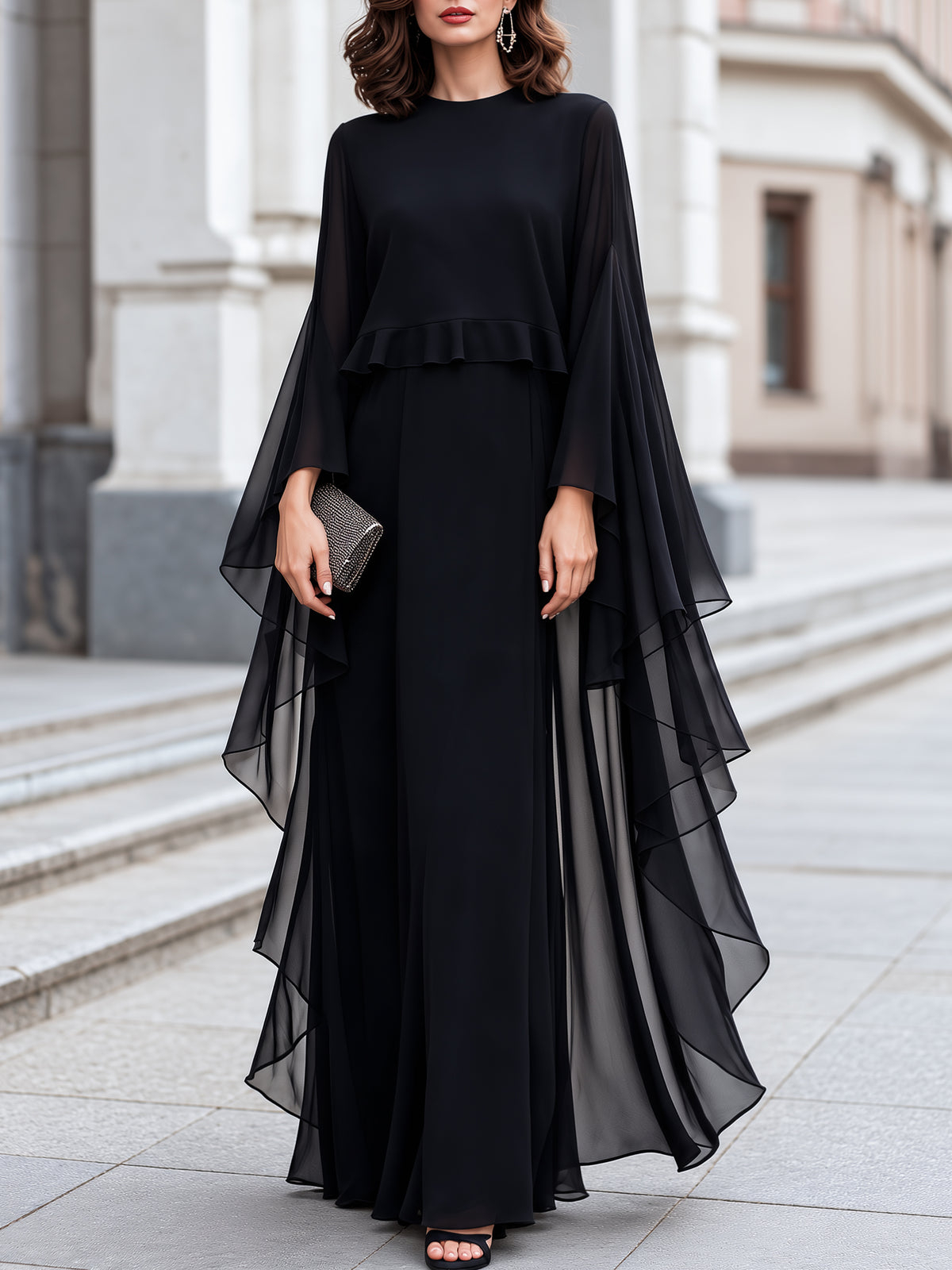 Black Round-Neck Layered-Ruffle Sheer-Sleeve Flowing Maxi Dress