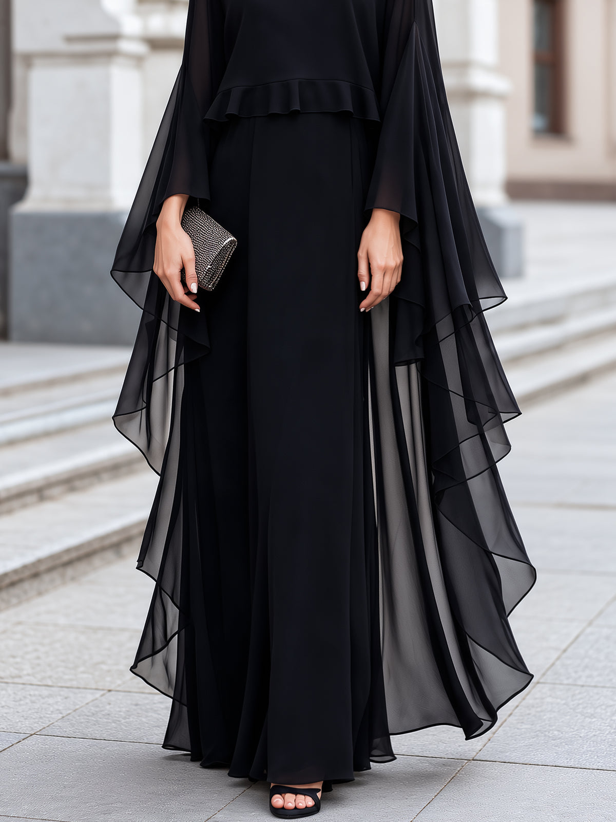 Black Round-Neck Layered-Ruffle Sheer-Sleeve Flowing Maxi Dress