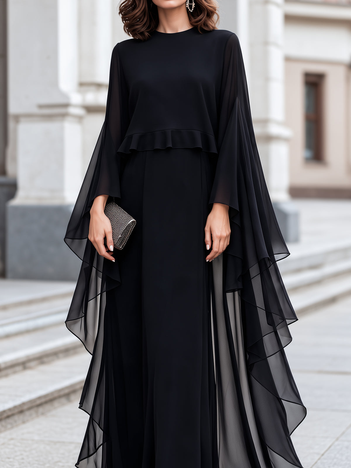 Black Round-Neck Layered-Ruffle Sheer-Sleeve Flowing Maxi Dress