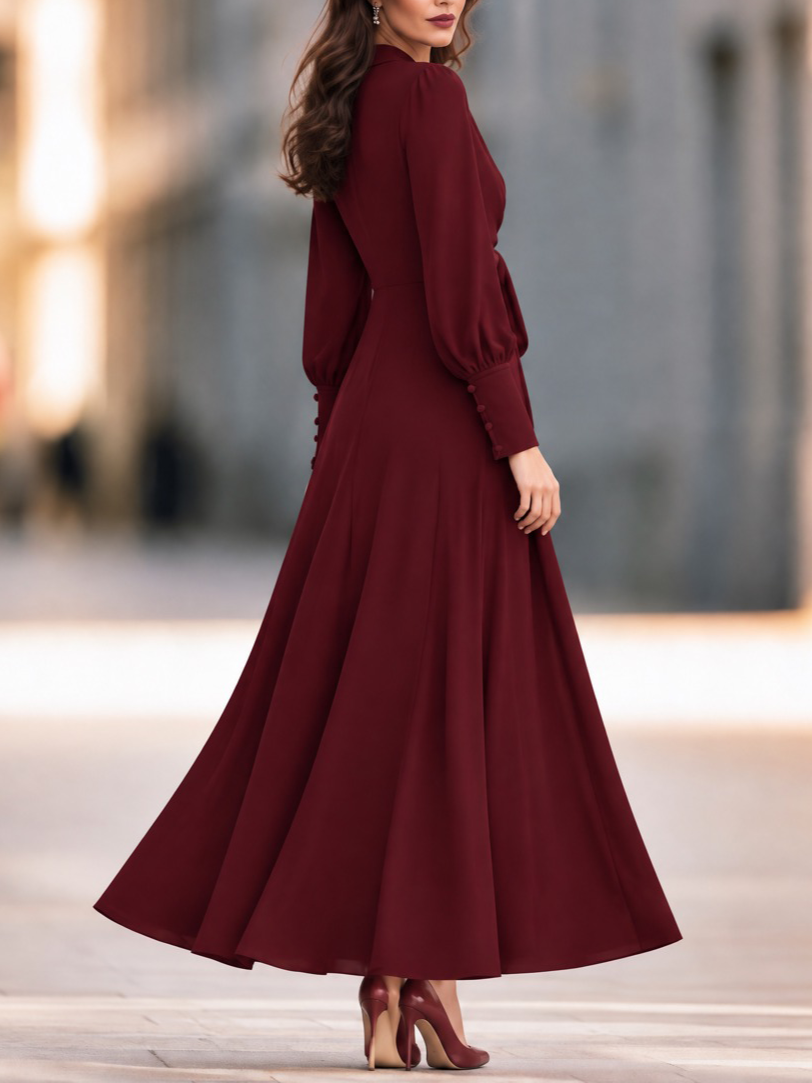 Burgundy Surplice V-Neck Knotted-Sash Buttoned-Sleeve A-Line Midi Dress