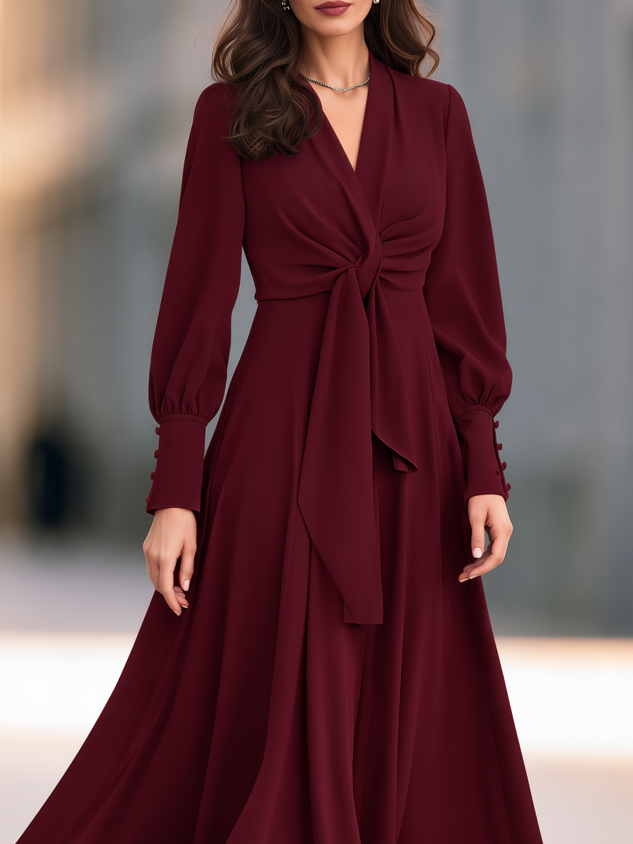 Burgundy Surplice V-Neck Knotted-Sash Buttoned-Sleeve A-Line Midi Dress