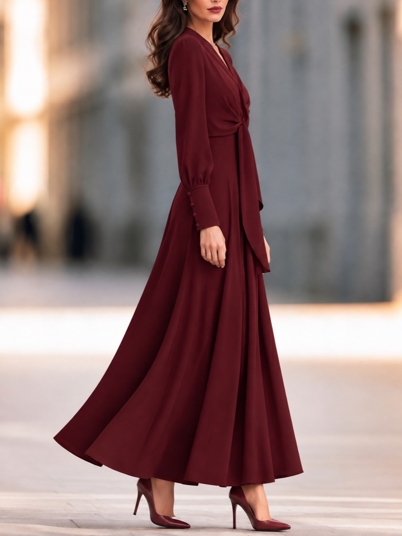 Burgundy Surplice V-Neck Knotted-Sash Buttoned-Sleeve A-Line Midi Dress