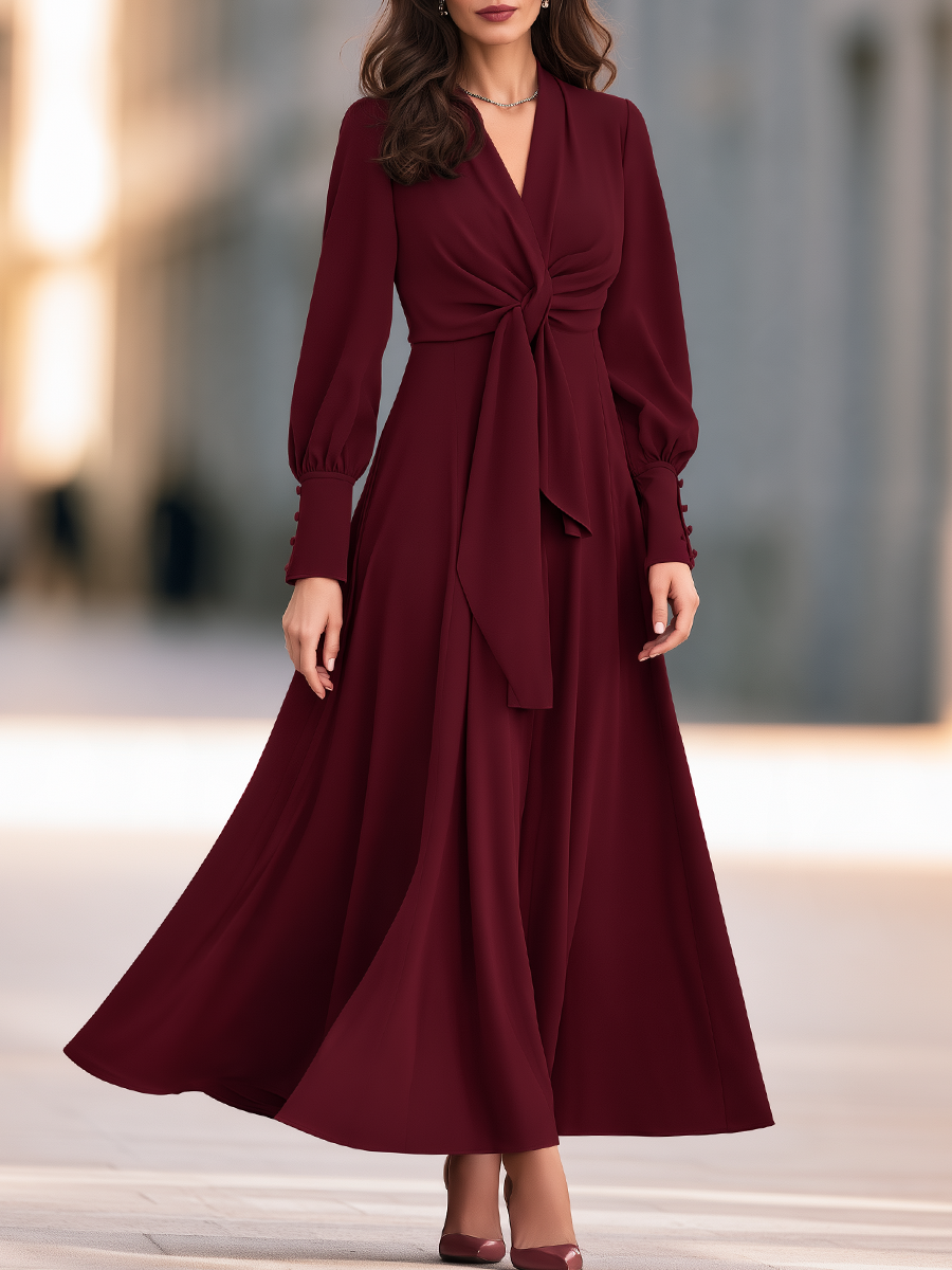 Burgundy Surplice V-Neck Knotted-Sash Buttoned-Sleeve A-Line Midi Dress