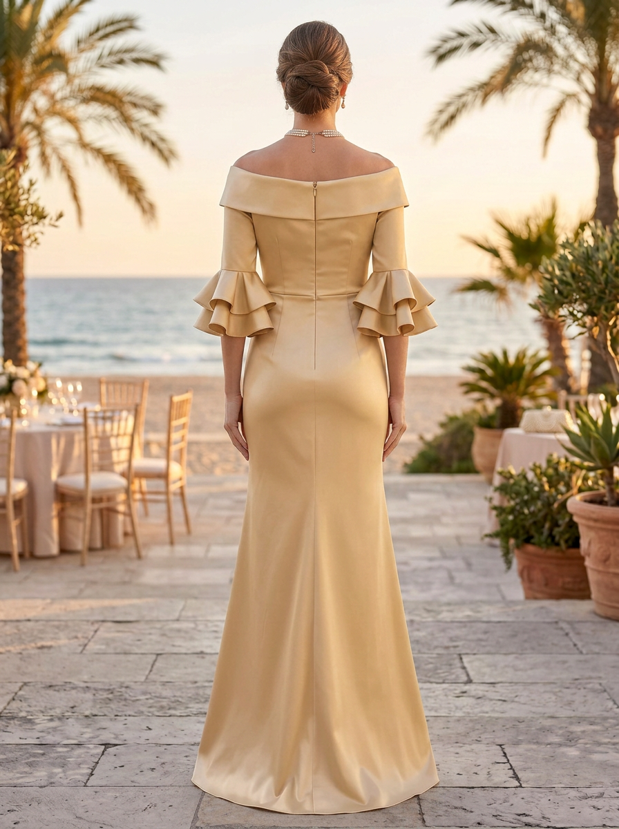 Champagne Off-Shoulder Flounce-Sleeve Mermaid Maxi Dress