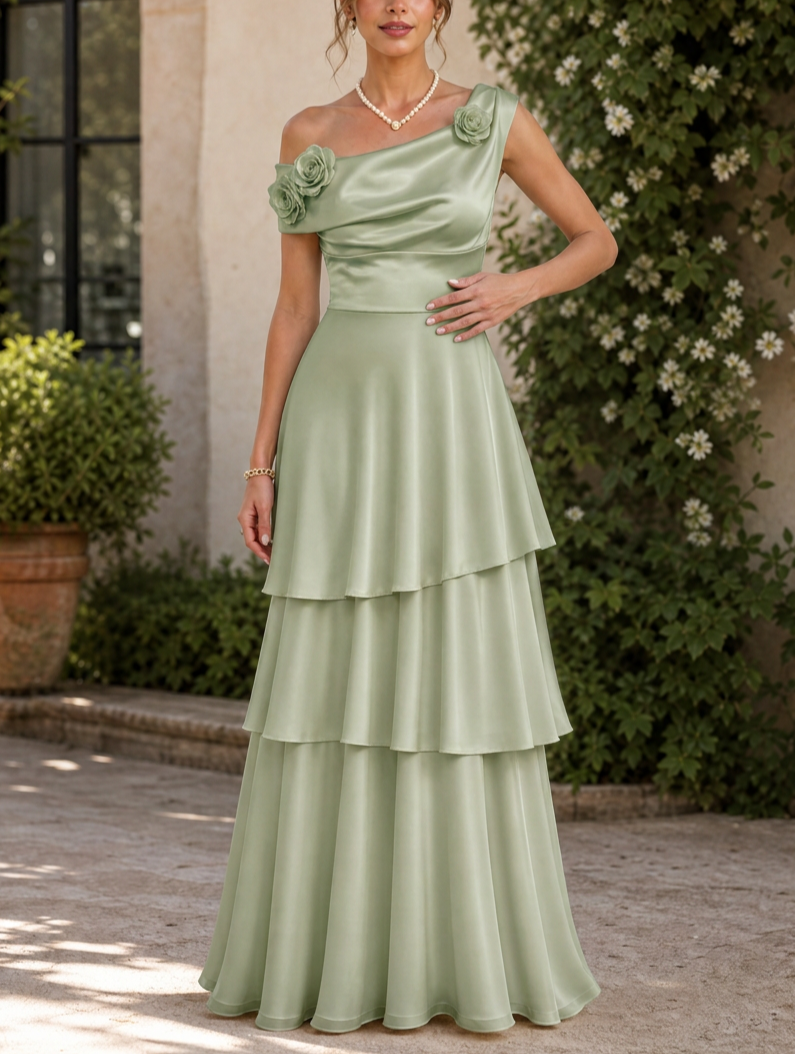 Sage Green One-Shoulder Rose Embellished Tiered Ruffle A-Line Floor-Length Gown Dress