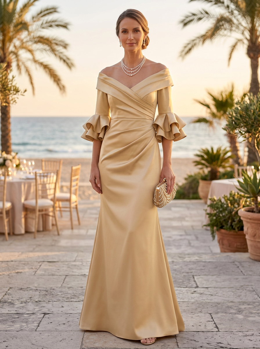 Champagne Off-Shoulder Flounce-Sleeve Mermaid Maxi Dress