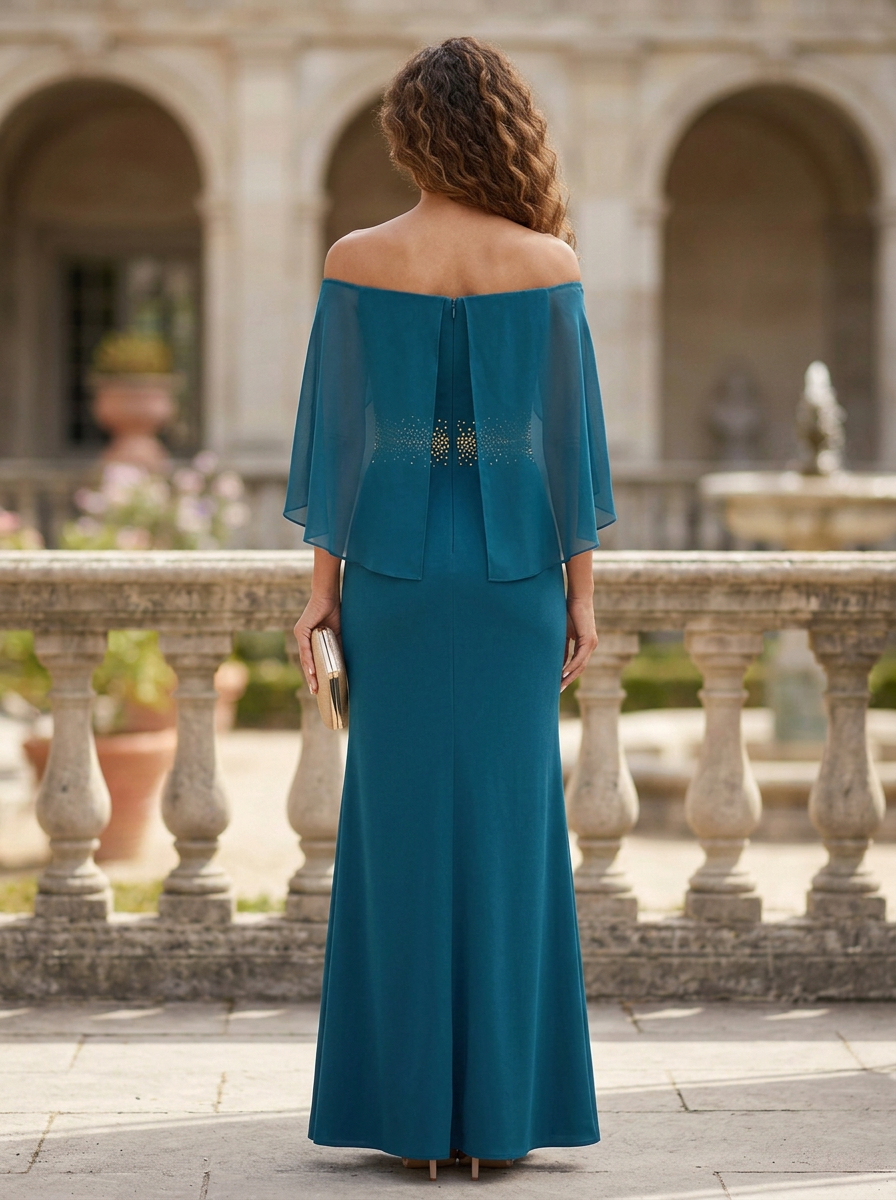 Teal Blue Off-the-Shoulder Chiffon Maxi Dress